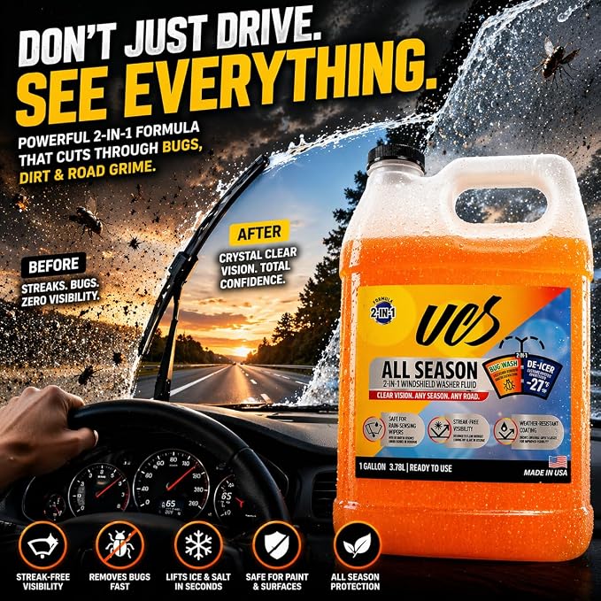 UCS Advanced All-Season Windshield Washer Fluid -27°F, Water Repellent Technology, Powerful Bug Remover, Streak-Free Cleaning, Ready-to-Use RTU, 1 Gallon