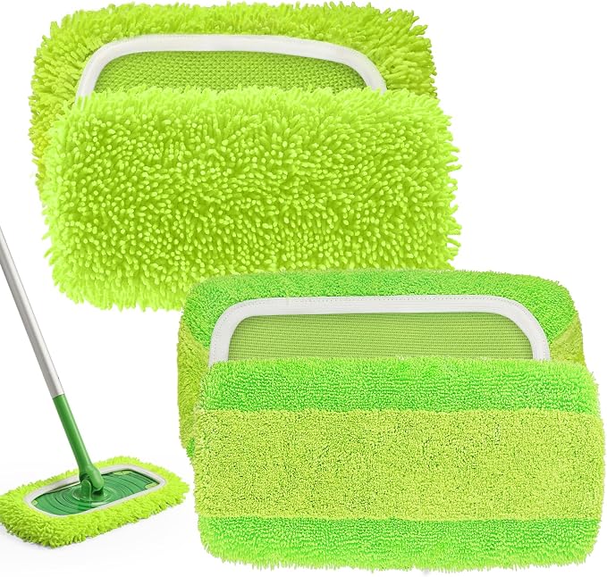 2-in-1 Reusable Microfiber Mop Pads Compatible with Swiffer Sweeper for Wet Mopping & Dry Sweeping, Two Types of Washable Heavy-Duty Mop Pad Refills for Multiple Floor Types Cleaning - 4Pcs, Green