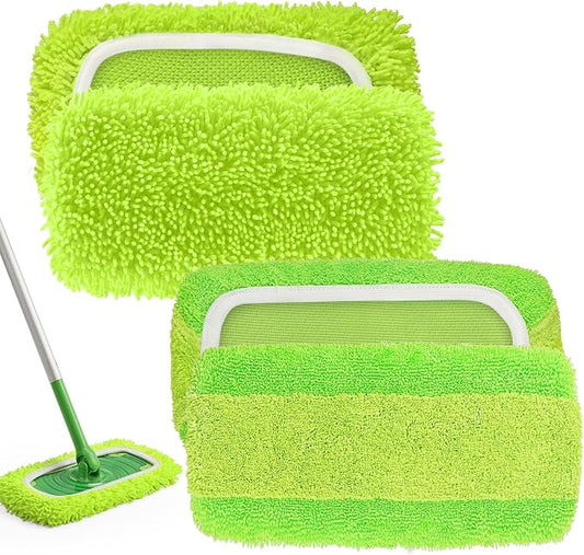 2-in-1 Reusable Microfiber Mop Pads Compatible with Swiffer Sweeper for Wet Mopping & Dry Sweeping, Two Types of Washable Heavy-Duty Mop Pad Refills for Multiple Floor Types Cleaning - 4Pcs, Green