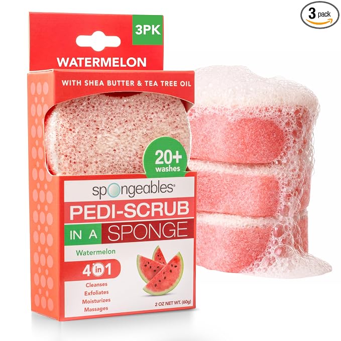Spongeables Pedi Scrub Foot Exfoliating 20+ Wash Sponge, Watermelon, 3 Count