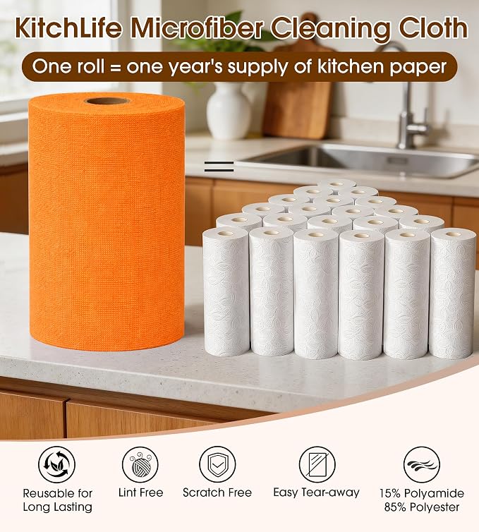 KitchLife Microfiber Cleaning Cloth Roll, 100 Pack - Tear-Away Microfiber Paper Towels, Lint-Free, Reusable, Washable for Kitchen, Car, Dishes, and Sensitive Surfaces (Coral)