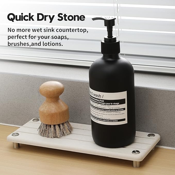 Razborci Quick Dry Bathroom Tray & Kitchen Sink Organizer, Water Absorbing Countertop Sponge Holder Soap Dish, Diatomaceous Earth Stone Vanity Dispenser Toothbrush Bottle, Gray Beige, 10" x 4"