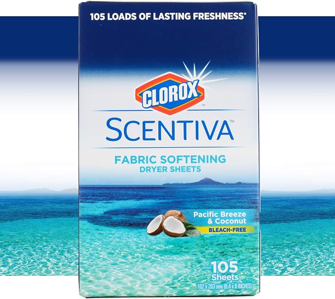 Clorox Scentiva Fabric Softener Dryer Sheets, Pacific Breeze & Coconut Scent - Wrinkle Reducing Scented Softening Laundry Dryer Sheets for Great Smelling Clothes, 105 Count