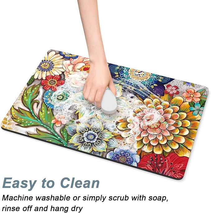 Rnivvi Coffee Mat, 16" x 24" Cute Flower Theme Coffee Bar Mats for Espresso Machine Station Accessories and Organizer, Hide Stain Rubber Backed Absorbent Dish Drying Pad for Kitchen Counter, Mandala