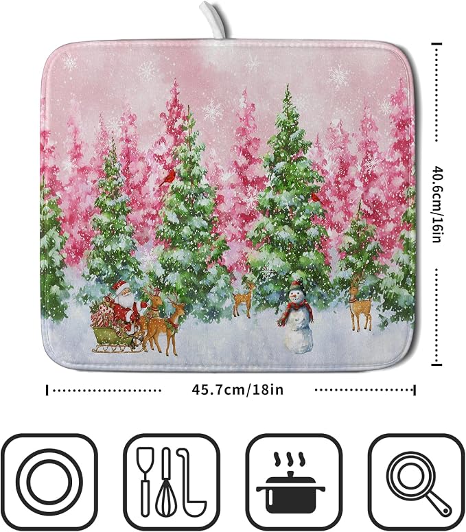 Santa Claus Dish Drying Mats for Kitchen Counter Watercolor Forest Decoration Coffee Mat for Table Decor
