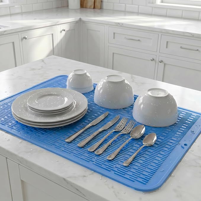 MicoYang Silicone Dish Drying Mat for Multiple Usage,Easy clean,Eco-friendly,Heat-resistant Silicone Mat for Kitchen Counter or Sink,Refrigerator or Drawer Liner Lichen BlueL 5XL 36inches x 18inches