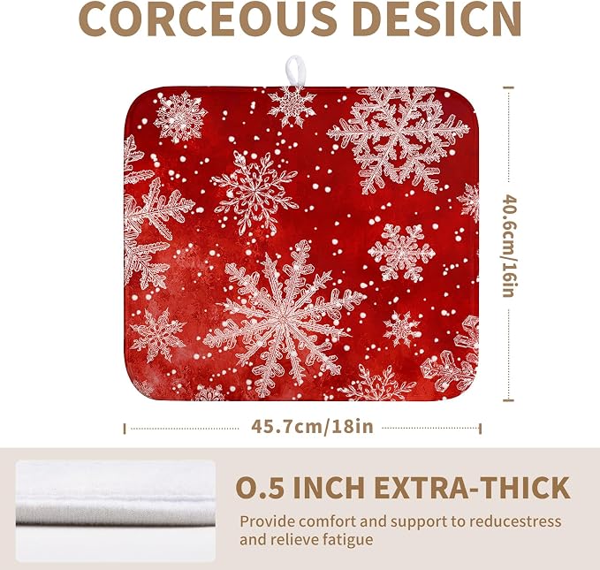 Christmas Dish Drying Mat for Kitchen Counter 16x18 Inch Red Snowflake Xmas Drying Pad Winter Holiday Dish Draining Mat Absorbent Microfiber Dish Drainer Rack Mat for Coffee Bar Kitchen