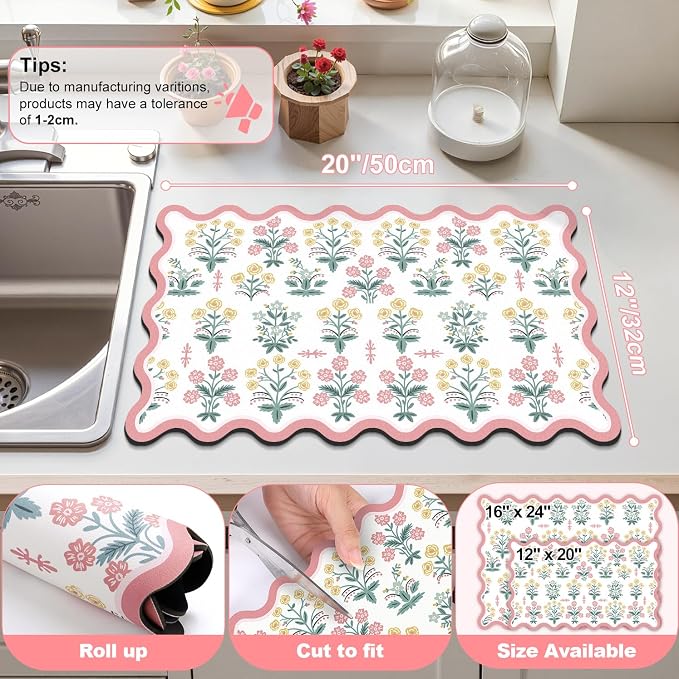LOKHOM Scalloped Floral Dish Drying Mat, 12"x20" Super Absorbent Coffee Mat with Unique Pink Pastoral Floral, Cuttable Hide Stain Non-slip Drying Mat for Kitchen Counter Coffee Maker Espresso Machine