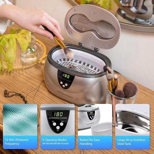 Magnasonic Ultrasonic Cleaner, 20oz Stainless Steel Tank, Digital Timer, 5 Cleaning Modes, w/ 8oz Gem & Jewelry Cleaner Concentrate Solution for All Jewelry, Eyeglasses, Watches, Dentures, Retainers