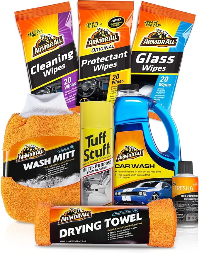 Armor All Car Wash and Cleaner Kit - 8-Piece Complete Set with Wash Concentrate, Wipes, Microfiber Towels & Air Freshener, Gift for Dad