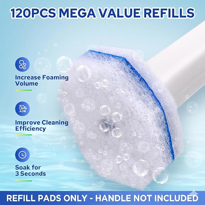 120pcs Disposable Toilet Brush Refills, Bulk Toilet Bowl Cleaner Refill Pads, Compatible with Most Toilet Cleaning Wands, High-Value Scrubber Replacement Heads, 120 Count