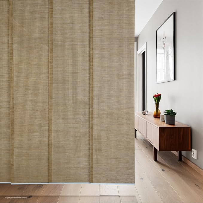 Replacement Fabric Panels for Sliding Glass Door (4-Pack, 23"x96"), Fabric Only, Natural Woven Blind Slats, Trimmable, Sheer, Track & Bottom Rail Not Included,Mountain Oak
