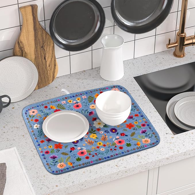 Lovely Flowers Dish Drying Mat - Blue Floral Kitchen Counter Microfiber Drying Pad 16 X 18 for Home Decor