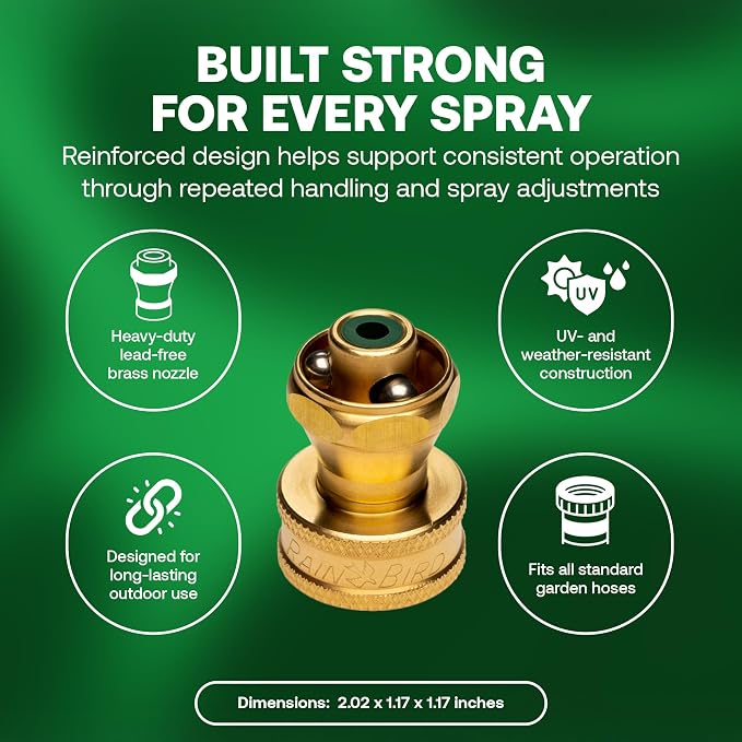 Rain Bird HENZLB2ADJ 2-Inch Lead-Free Brass Twist Adjustable Water Hose End Nozzle - High Pressure Garden Hose Jet Sprayer with Adjustable Stream Pattern, 3/4 in. GHT Connection for Outdoor Cleaning