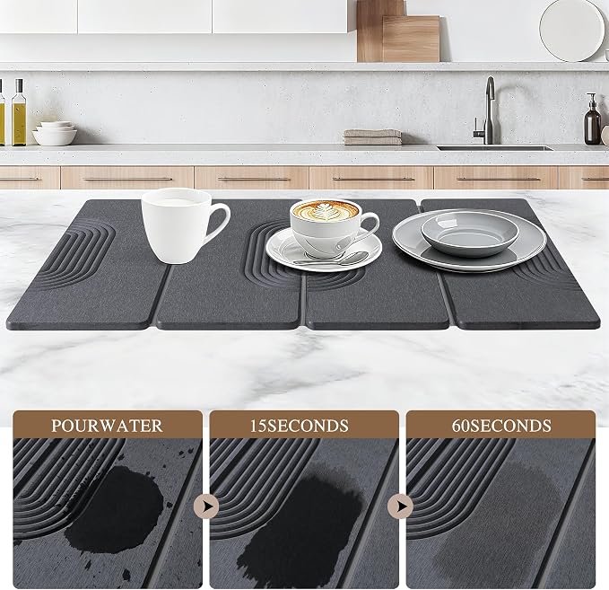 Foldable Stone Dish Drying Mat for Kitchen Counter, Diatomaceous Earth Drying Mat with Non-Slip Backing, Heat Resistant Multifunctional Mat for Kitchen & Bathroom, Instant water absorption-(24"×16")