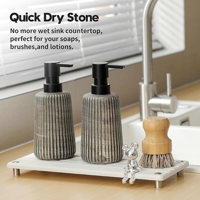 Razborci Instant Dry Sink Caddy Kitchen Sink Organizer, Quick Drying Stone Tray Diatomite Sponge Holder Soap Dish, Bathroom Countertop Fast Dry Water Absorbing Vanity Rack, Beige,12" x 5"