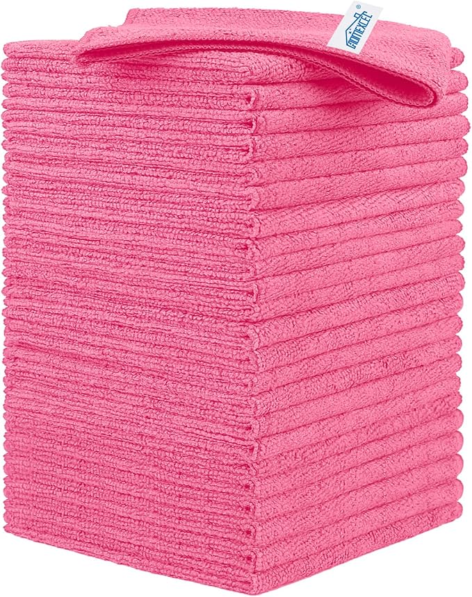 HOMEXCEL 24PK Microfiber Cleaning Cloth, Cleaning Rag for Home, 11.5x11.5in | Reusable, Lint Free, Scratch-Free and Highly Absorbent Towels for Kitchen, Window and Glass, Cars, Pink