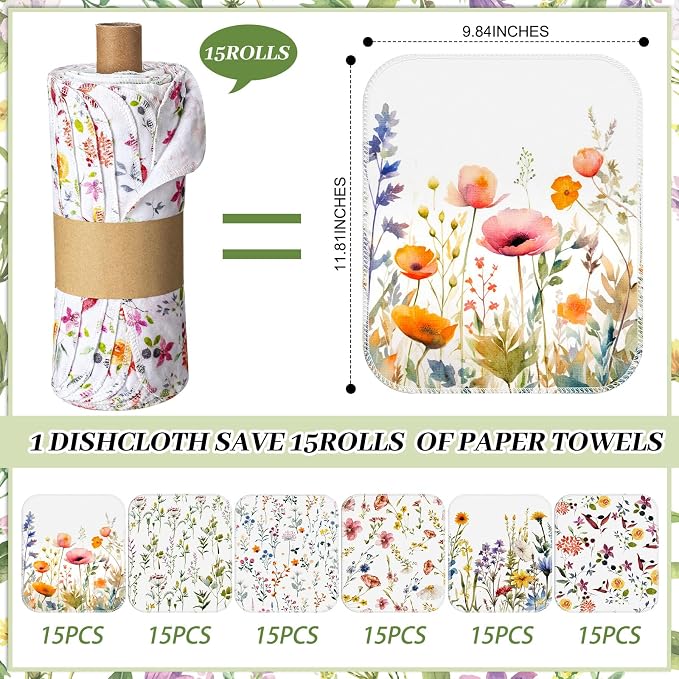 90 Pack Reusable Cleaning Cloths Washable Cotton Kitchen Dish Towels for Home Party Supplies Bulk, 9.84x11.81in (Wildflowers)