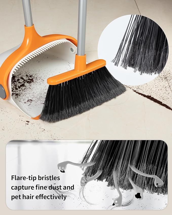 MR.SIGA Broom and Dustpan Set with Adjustable Long Handle, White & Orange | Stand upright broom with dustpan combo for home, office and garage easy sweeping and storage. 51.7"(131 cm) broom handle