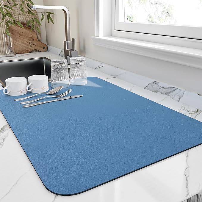 HotLive Dish Drying Mat for Kitchen Counter, Heat Resistant Drainer Mats with Non-slip Rubber Backed, Hide Stain Kitchen Super Absorbent Draining Mat, Easy to Clean Dish Rack Pad, Blue 18"x32"
