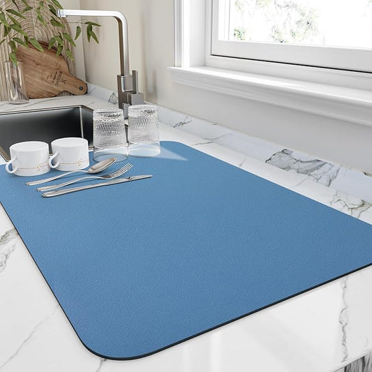 HotLive Dish Drying Mat for Kitchen Counter, Heat Resistant Drainer Mats with Non-slip Rubber Backed, Hide Stain Kitchen Super Absorbent Draining Mat, Easy to Clean Dish Rack Pad, Blue 16"x18"