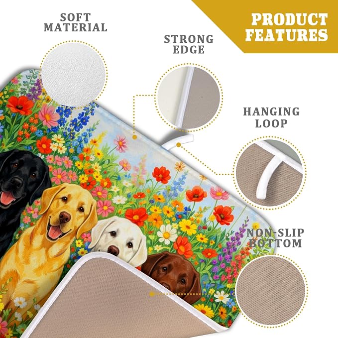 Flower Dog Dish Drying Mat Spring Floral Microfiber Absorbent Dish Drying Pad for Kitchen Counter