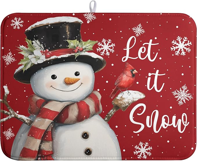 Snowman Christmas Dish Drying Mat Winter Drying Mats for Kitchen Counter Xmas Holiday Red Dish Draining Mat Microfiber Absorbent Reusable Dish Rack Pad 18x24 Inch