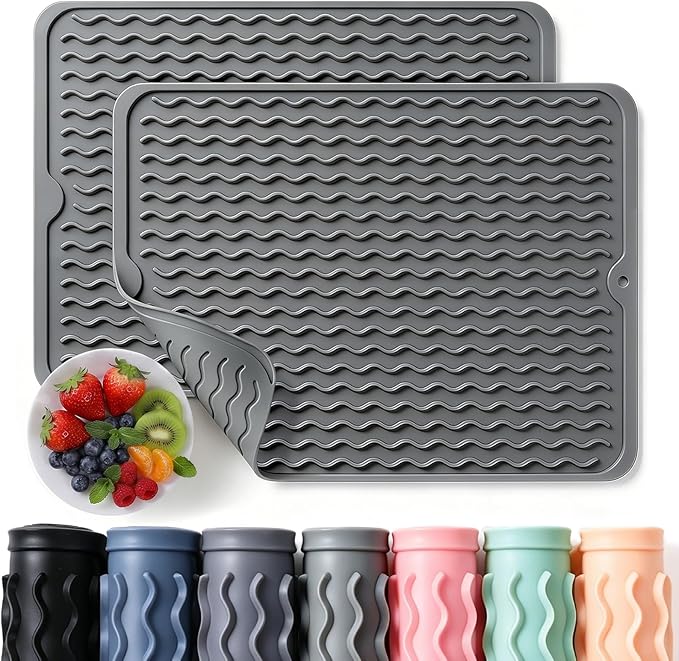 2 Pack Caketime Silicone Dish Drying Mat for Kitchen Counter Heat Resistant Under Sink Waterproof Coffee Bar Accessories Dining Rack Stone Utensil Holder Countertop Decor Must Haves 2026