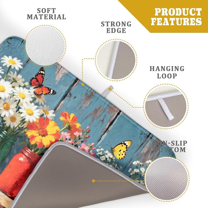 Floral Dish Drying Mat for Kitchen Counter 18x24, Spring Summer Farmhouse Decorative Absorbent Reversible Microfiber Kitchen Countertop Protector Dishes Drainer Pad
