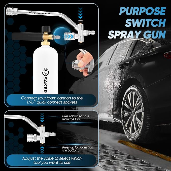 Saker Foam Cannon Dual Connector Accessory, Dual-Purpose Switch Spray Gun,Foam Cannon for Pressure Washer for Car Washing and Cleaning