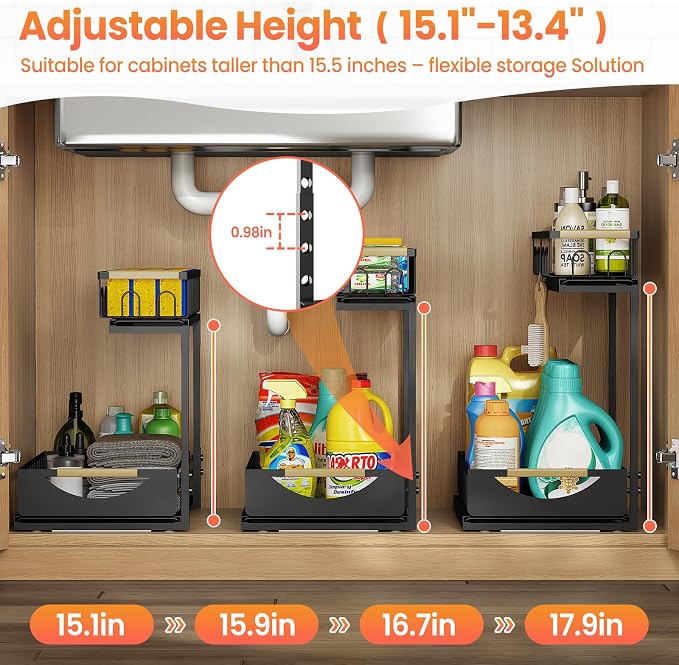 2 Pack 2 Tier Under Sink Organizer and Storage for Bathroom and Kitchen - Under Cabinet Pull Out Shelf Organizers - Sliding Out Drawer Organization for Home Cabinets Shelves and Drawers