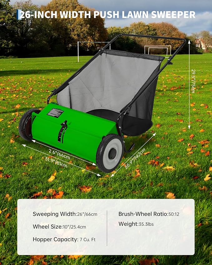 Push Lawn Sweeper for Leaves, 26" Width Heavy Duty Steel Frame Grass Catcher with 7 Cu. Ft. Hopper Bag & 4 Spinning Brushes for Yard and Garden Cleanup, Green