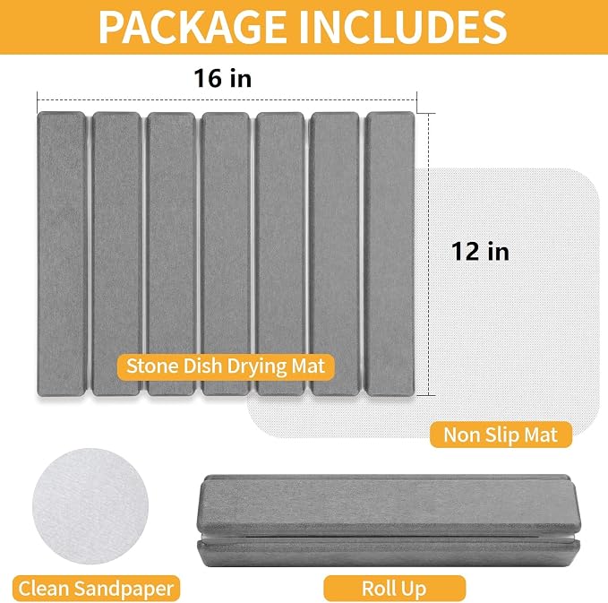 Stone Dish Drying Mat for Kitchen Counter, 16''×12'' Quick Dry Stone Dishes Mats Foldable Foldable Water Absorbing Diatomaceous Earth Drying Organizer Pad for Dishes Utensils Bottles(Dark Gray)