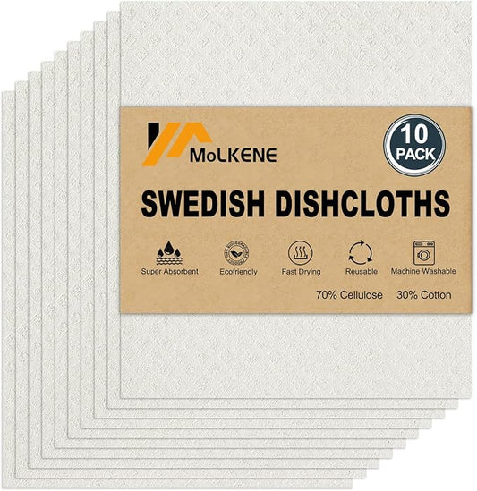 MoLKENE Swedish Dishcloths for Kitchen | 10 Pack Absorbent Cellulose Sponge Cloths Washable | Non-Scratch Reusable Paper Towels Quick Drying Cleaning Rag - White