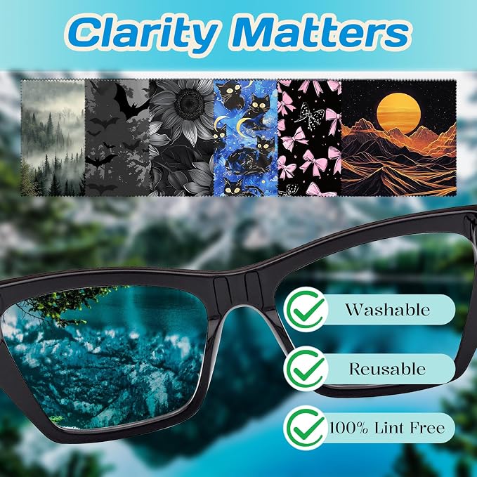 6 PCS Glasses Cleaning Cloth Eyeglass Lens Cleaning Cloth Eyeglasses Wipes Microfiber Reusable Soft for Phone Screens Camera Unisex Women Girls Cute Aesthetic (6.3"x6.3")-Black Sunflower