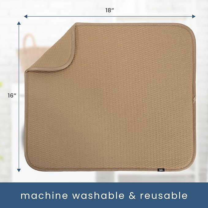 S&T INC. Dish Drying Mat, 16" x 18", Large, Diamond Texture, Tan | Absorbent Microfiber, Kitchen Counter Mat for Dishes, Utensils, Pots and Pans, Machine Washable