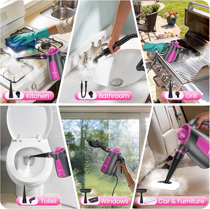 12Pcs Pressurized Handheld Steam Cleaner, Portable Deep Cleaning Steamer | Natural Deep Cleaning, Multi-Purpose for Home, Grout, Kitchen, Car, Window, Upholstery, Bathroom and Clothes