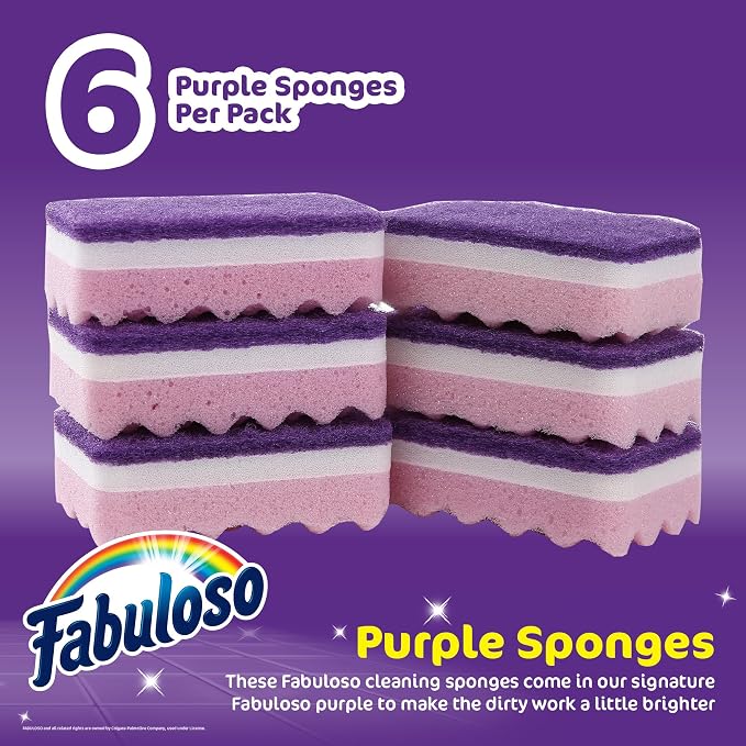 Fabuloso Scratch-Free Kitchen Dish Sponges, Purple Cellulose Scrubber Sponge with Scouring Pad for Dishes, Pots, Pans, Counters and Sinks, Tough on Messes, 4.25 x 2.75 x 1.25 in, 6 Count