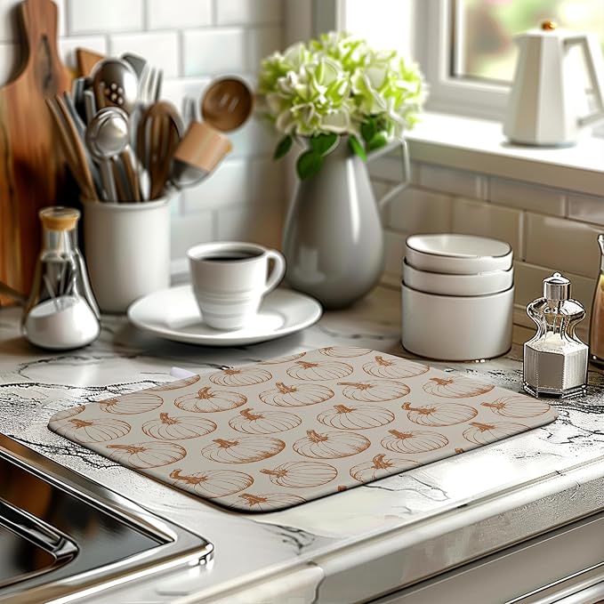Fall Pumpkin Dish Drying Mat for Kitchen Counter Burnt Orange Autumn Thanksgiving Dish Mat Absorbent Microfiber Kitchen Countertop Protector Dishes Drying Pad Medium Drying Mats 16x18 Inch