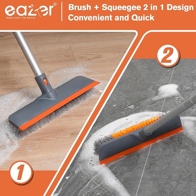 Eazer 2-in-1 Floor Scrub Brush with Long Handle, Soft/Hard Bristle Concrete Deck Brush with Squeegee, Garage Floor Cleaner for Tile/Concrete, Indoor/Outdoor Kitchen Bathroom Pool Deck -12" W/60 H