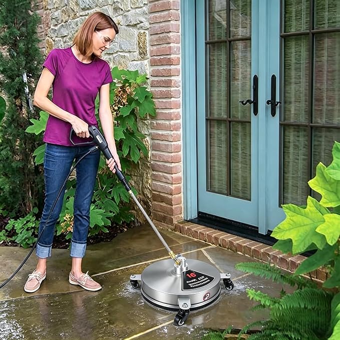 Biswing 16" Pressure Washer Stainless Steel Surface Cleaner with 4 Wheels & 1/4" Quick Connector, Power Washer Attachment with 2 Extension Wand, 2 Replacement Nozzles, 4000 PSI