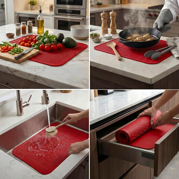 MicoYang Silicone Dish Drying Mat for Multiple Usage,Easy clean,Eco-friendly,Heat-resistant Silicone Mat for Kitchen Counter or Sink,Refrigerator or Drawer Liner Red 2XL 24 inches x 18 inches