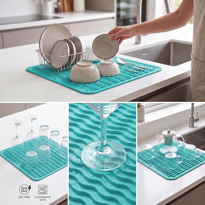 MicoYang Silicone Dish Drying Mat for Multiple Usage,Easy clean,Eco-friendly,Heat-resistant Silicone Mat for Kitchen Counter or Sink,Refrigerator or Drawer liner Mint M 12 inches x 12 inches