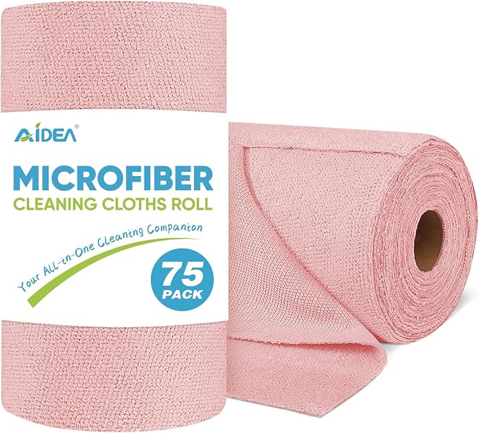 AIDEA Microfiber Cleaning Cloth Roll-75PK,Pink Microfiber Towels,11.5×11.5" | Tear Away Reusable Paper Towels, Lint Free Rags for House, Kitchen, Car Cleaning Supplies