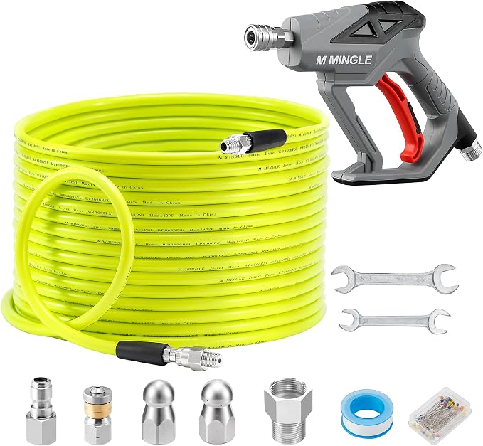 M MINGLE Sewer Jetter Kit for Pressure Washer 150 FT | Drain Cleaner Hose with Power Washer Gun, 1/4 Inch NPT Corner Rotating and Button Nose Sewer Jetting Nozzle, Orifice 4.0, 4.5