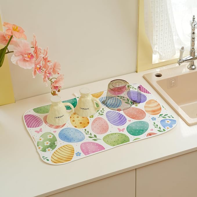 Spring Dish Drying Mat 18x24 Inches For Kitchen Counter Absorbent Colorful Easter Eggs Kitchen Decoration Green Yellow Purple Eggs Drying Mat Pad For Home Kitchen,Dining Room,Office Decor