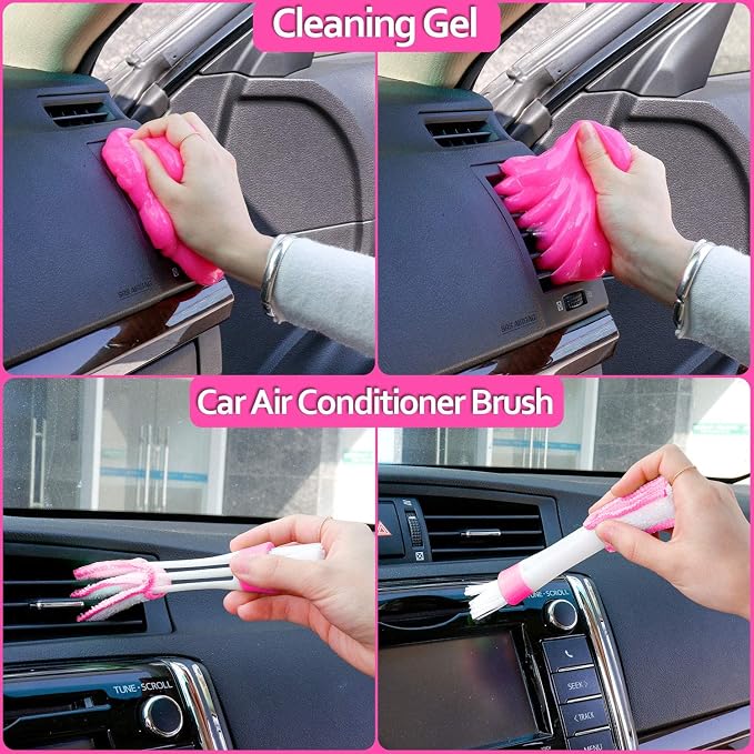 THINKWORK Car Detailing Kit, Interior Exterior Cleaning Set for Vehicles | Soft Microfiber, Lint-Free, Scratch-Proof, 17 Pcs Complete Set, Pink Styling, Perfect Women Gift, Portable Bag