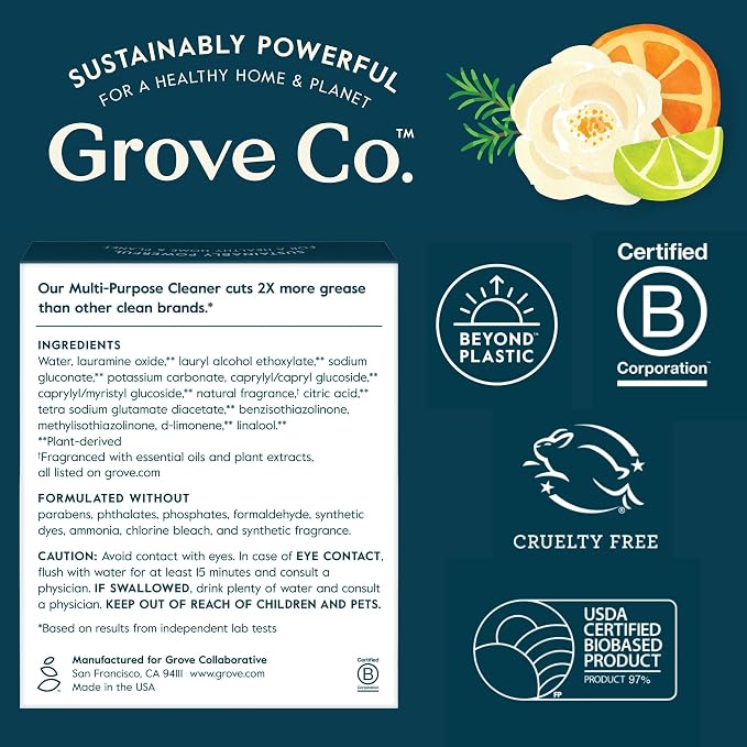 Grove Co. Multi-Purpose Cleaner Refills, 6 x 1fl oz, Lavender & Thyme | 6 refills; Plant-based; No plastic waste; Ammonia & chlorine free; No Harsh Chemicals