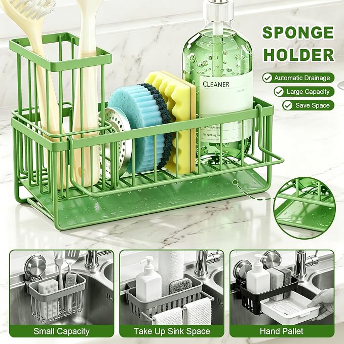 Sponge Holder for Kitchen Sink, Kitchen Sink Caddy, Kitchen Sink Sponge Holder, Dish Sponge Holder, Kitchen Sink Organizer for Sponge, Dish Brush, Scrubber(9.65" x 3.74" x 6.3", Avocado)