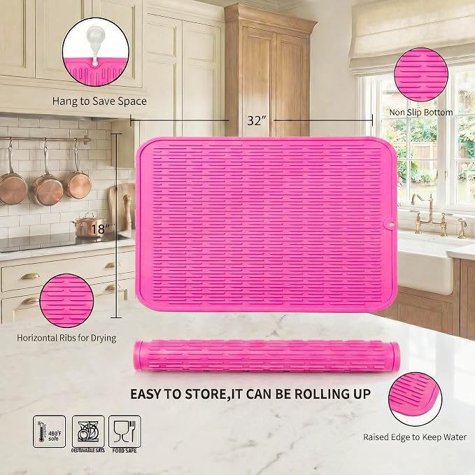 MicoYang Silicone Dish Drying Mat for Multiple Usage,Easy clean,Eco-friendly,Heat-resistant Silicone Mat for Kitchen Counter or Sink,Refrigerator or Drawer Liner Rose 4XL 32 inches x 18 inches